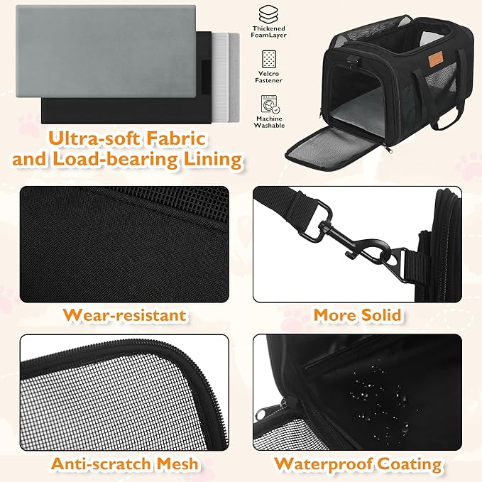 PETUX TSA Approved Pet Carrier in Cabin, 17"x11"x9.5" Soft Cat Carriers for Small Cat up to 12 lb, Top-Open Portable and Breathable Pet Carrier Airline Approved for Travel and Vet Visit, Black