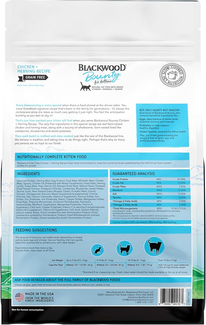 Blackwood Bounty Dry Cat Food, Kitten Formula, Chicken & Herring Recipe, 2 Pound Bag, High Protein, Grain Free