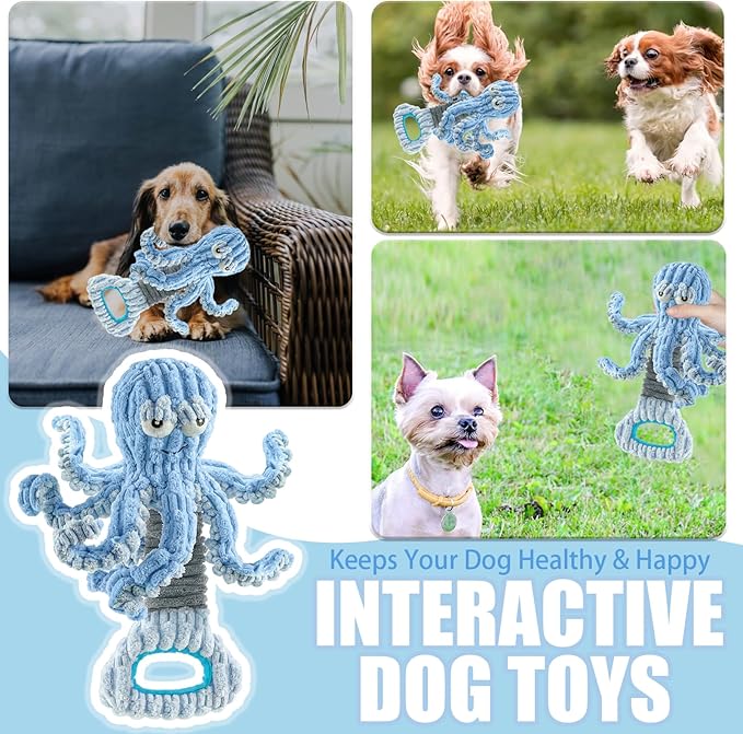 Squeaky Dog Toys, Octopus Dog Toy Interactive Tug of War Puppy Toy to Keep Them Busy (Blue)