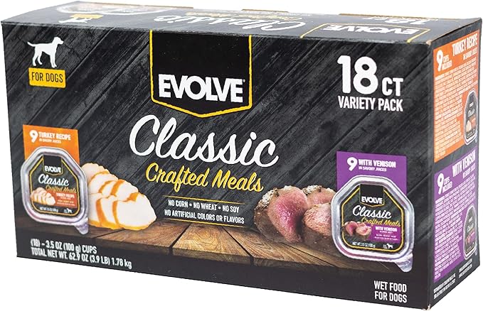 Evolve Classic Crafted Meals Variety Pack Turkey Recipe & with Venison Wet Dog Food | 3.5 oz - 18 pack