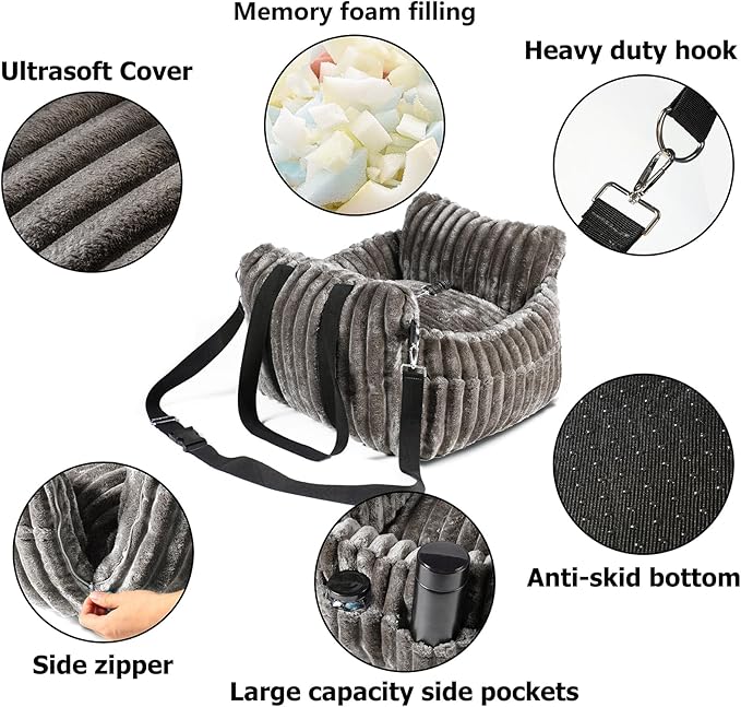 Dog Car Booster Seat, for Small Dogs Under 30 lbs, Detachable Washable Travel Bed with Storage Pockets and Safety Belt (Coffee, Medium)