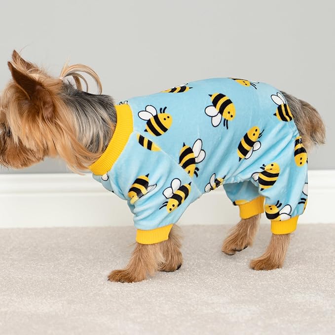 Fitwarm Funny Bee Fleece Dog Pajamas, Warm Winter Dog Clothes for Small Dogs Boy Girl, Cozy Pet Onesie with Feet, Light Blue, Large
