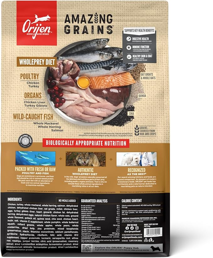 ORIJEN Amazing Grains High Protein Dry Dog Food Puppy Recipe 4lb Bag