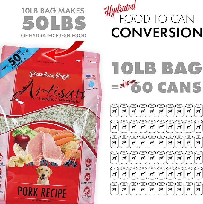 Grandma Lucy's Artisan Dog Food, Grain Free and Freeze-Dried - Artisan Pork, 10Lb Bag