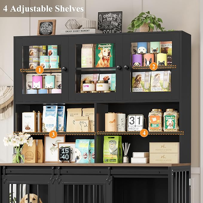 HOSTACK 71" Tall Dog Crate Furniture, 55" W Dog Kennel with Storage Hutch, XL Dog Crate for 2 Dogs with Feeding Bowls, Indoor Heavy Duty Dog Cage with Removable Room Divider, Wooden Pet House, Black