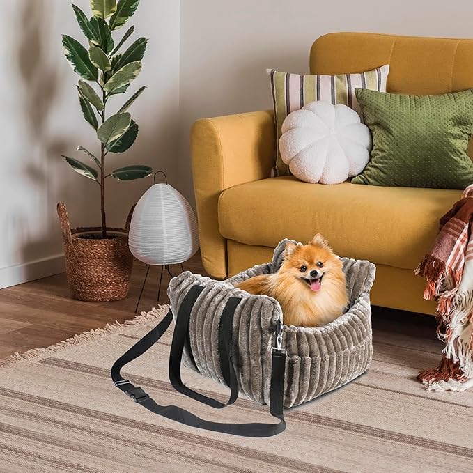 Dog Car Booster Seat, for Small Dogs Under 30 lbs, Detachable Washable Travel Bed with Storage Pockets and Safety Belt (Coffee, Medium)