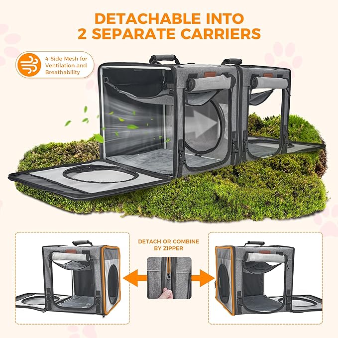 PETUX 2-in-1 Double Cat Carrier for Multiple Cats - Large Cat Travel Carrier with Litter Box, Play Tunnels, and Hammock - Portable Pet Carriers for Long Car Trips ＆ Vet Visit (34"x17"x17", Grey)