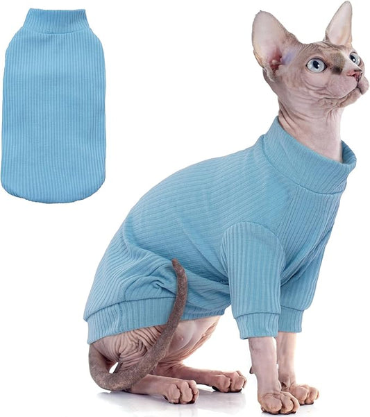 Pumyporeity Stretchy Cat Shirt & Sweater with Sleeves - Sphynx & Devon Rex Cat Clothes, Soft Blue Pullover Pajama