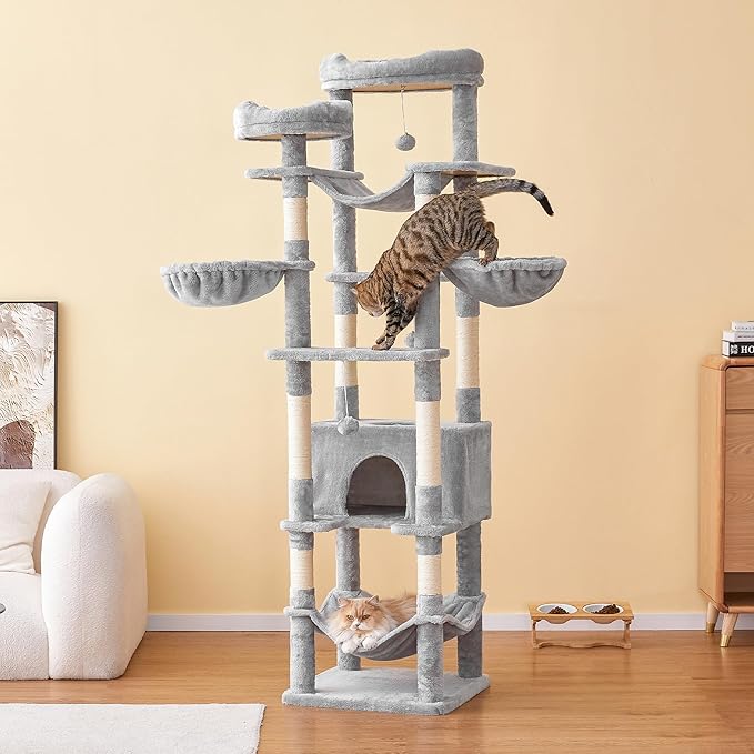 77-Inch Tall Cat Tree for Indoor Cats, Multi-Level Large Cat Tower with 4 Hammocks, 2 Padded Perches, Cat Condo, Sisal Scratching Posts and Hanging Toys for Large Adult Cat, Light Grey