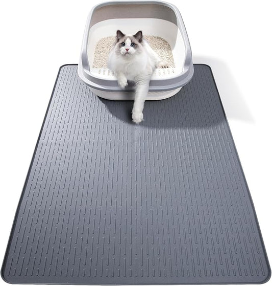 Silicone Cat Litter Mat, 28x20 in Waterproof Litter Box Mat Cats Feeding Mats with Raised Edges, Quick Clean Desig (Grey)