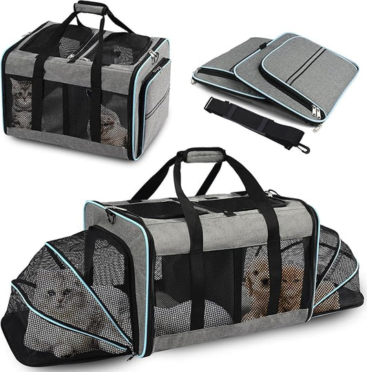 Portable 2-in-1 Pet Carrier,Double Compartment Cat & Dog Carrier for 2 Cats,Expandable Medium Dogs Large Cat Carrier with Sturdy Base,Breathable,Good for Traveling Walking Camping（Blue）
