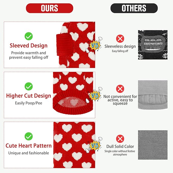 KOOLTAIL Cat Sweater Turtleneck - Soft Knit Cat Christmas Sweater, Heart Love Pattern Thick Warm Cold Weather Clothes for Small, Medium, Large Size Kitten, Puppy, Girls Red