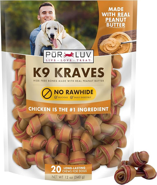 Dog Treats, K9 Kraves Rawhide Free Bone Dog Treat, Peanut Butter Flavor, Made with Real Peanut Butter and Chicken, 20 Count, Healthy, Easily Digestible, Long-Lasting, High Protein