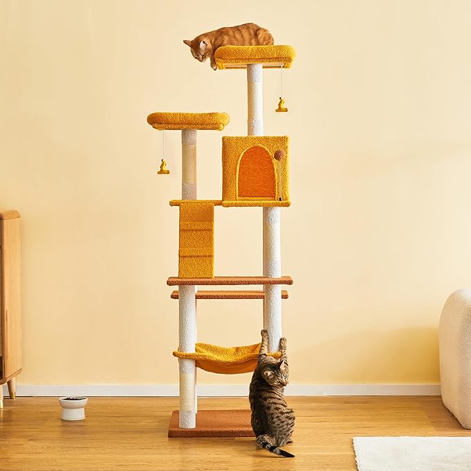 MWPO Cat Tree, 70.1-Inch Tall Cat Tower for Indoor Cats Large Adult, Multi-Level Cat Condo with 5 Scratching Posts, 2 Padded Perches, Hammock, Dangling Toys, Yellow