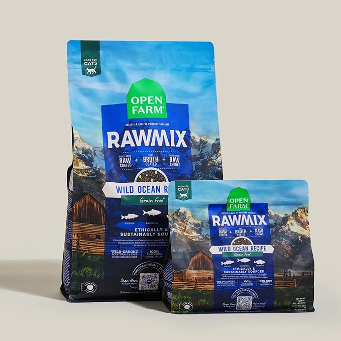 Open Farm, RawMix Dry Cat Food, Protein-Packed Kibble Coated in Bone Broth with Freeze Dried Raw Chunks, for Indoor & Outdoor Cats, Wild-Caught Whitefish, Salmon & Rockfish Recipe, 8lb Bag