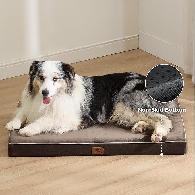 Bedsure Memory Foam Dog Beds Large Sized Dog - Orthopedic Pet Beds for Crate with Removable Washable Cover and Nonskid Bottom, Plush Flannel Fleece Top Pet Mat, Brown