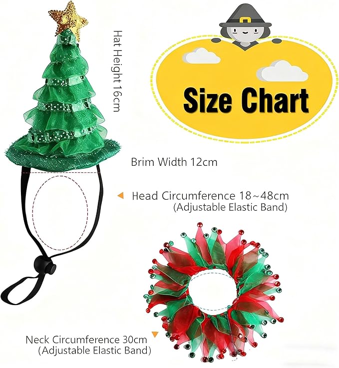 Cat Christmas Costume with Tutu Collar & Green Shiny Hat - Festive Outfit for Cats, Small Dogs, Holiday Party Dress Up for Thanksgiving, Christmas, Birthday Photos