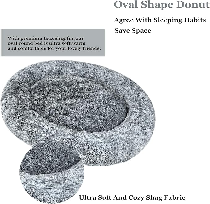 Coohom Oval Calming Donut Cuddler Dog Bed,Shag Faux Fur Cat Bed Washable Round Pillow Pet Bed(30"/36"/43") for Small Medium Dogs (L(30"x24"x7"), Grey)