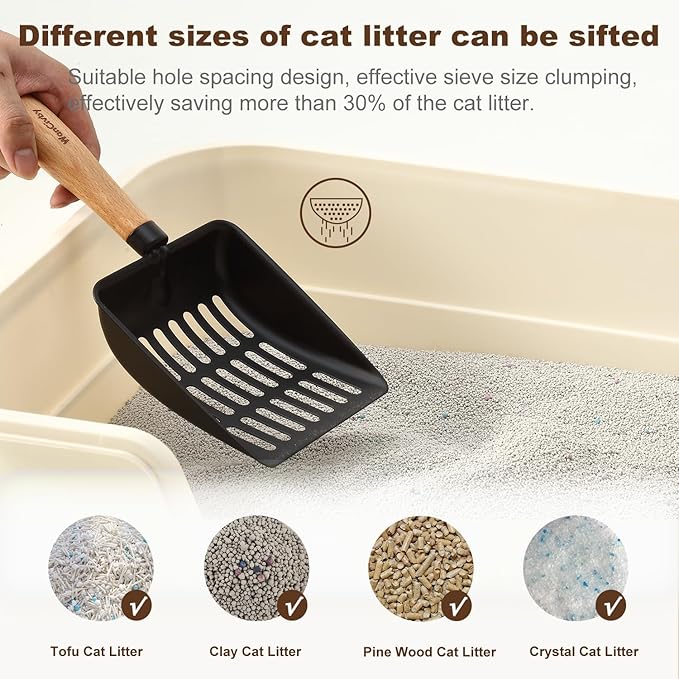 Premium Cat Litter Scoop with Ergonomic Beech Wood Handle - Stainless Steel Sifter with Hook & Hole for Easy Cleaning, Durable & Odor-Free (Teflon)
