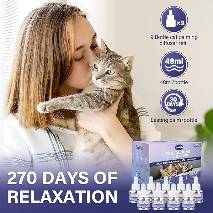 Cat Calming Diffuser Refill 9 Pack Pheromone Diffuser to Calm Cats 270 Days Effectively Anti Anxiety Relief Stress Cat Pheromones Calming Refills 48ml/Bottle Fits All Cats And Common Diffusers Plug in