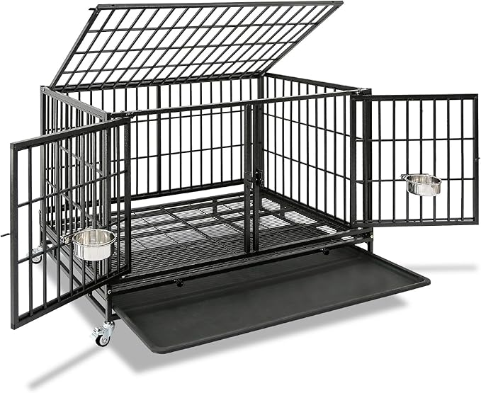Homey Pet 42 inch Stackable Heavy Duty Dog Crate Cage on Wheels with Divider, 2 Bowls, 4 Lockable Wheels, Tray, Indestructible Escape Proof Medium Sized Dog Kennel Indoor