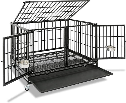Homey Pet 42 inch Stackable Heavy Duty Dog Crate Cage on Wheels with Divider, 2 Bowls, 4 Lockable Wheels, Tray, Indestructible Escape Proof Medium Sized Dog Kennel Indoor