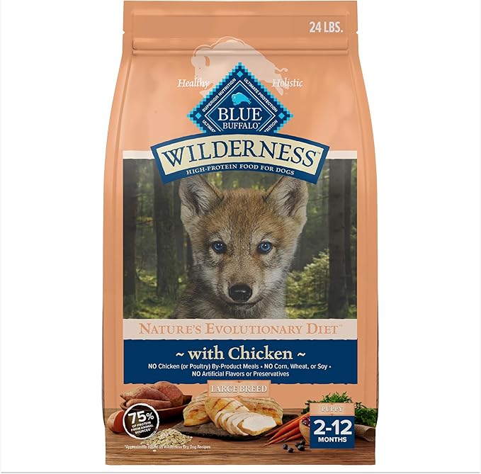 Blue Buffalo Wilderness High-Protein Dry Dog Food for Large Breed Puppies, Made in The USA with Natural Ingredients Plus Wholesome Grains, Chicken, 24-lb Bag.