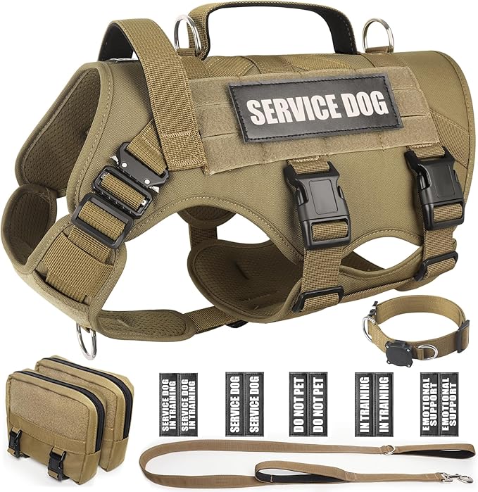 WINSEE Tactical Dog Harness with Dog Leash, Dog Collar, Service Working MOLLE Vest with 10 Pet Patches for Medium Dog, No Pull Military Harness and Backpack with Airtag Holdler