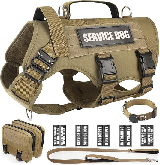 WINSEE Tactical Dog Harness with Dog Leash, Dog Collar, Service Working MOLLE Vest with 10 Pet Patches for Medium Dog, No Pull Military Harness and Backpack with Airtag Holdler