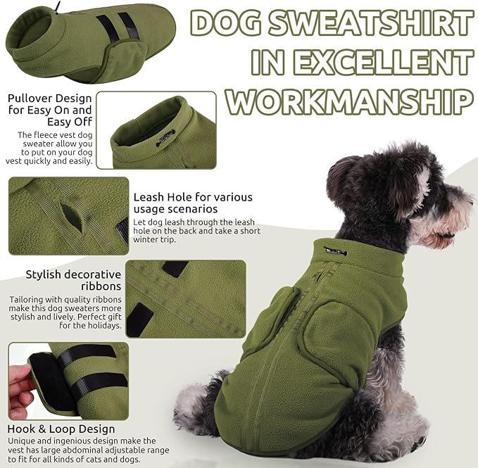 Queenmore Small Dog Sweaters, Soft Fleece Vest Pullover Dog Jacket with Leash Hole, Warm Winter Dogs Clothes Cold Weather Doggy Dachshund Sweater for Small Doggy Cats Boy or Girl (Army Green, S)