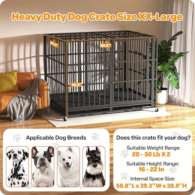 Heavy Duty Indestructible Dog Crate 60 Inch with Removable Tray, Sizes & Colors Optional, Escape Proof Double Door High Anxiety Cage Indoor, Kennel with Wheels for Large Dogs, XL XXL XXL