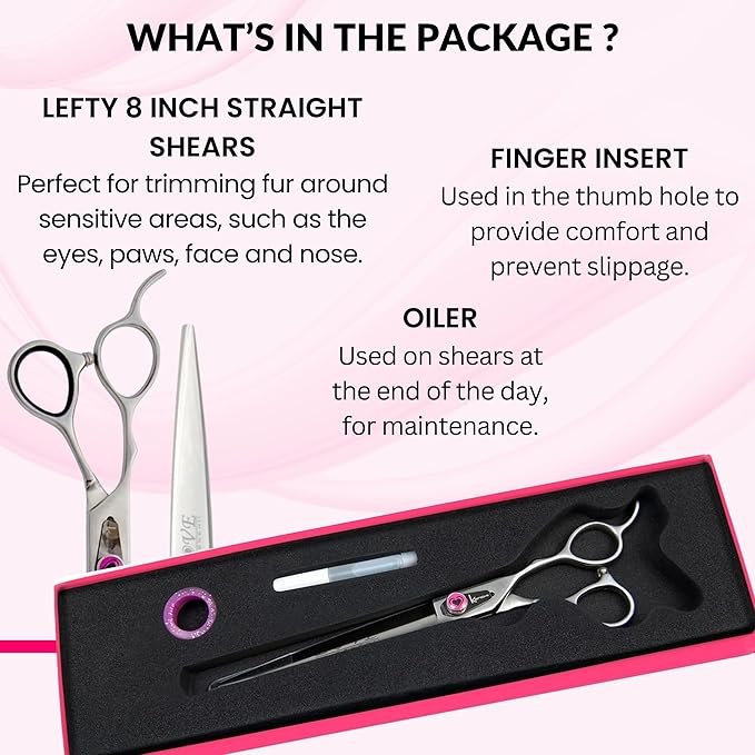 Kenchii Love Left Handed Dog Grooming Scissors, 8 Inch Straight Shears, Dog Scissors for Grooming, Professional Pet Grooming Scissors, Ergonomic & Comfortable