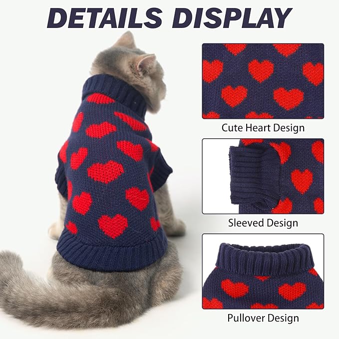 KOOLTAIL Cat Sweater Turtleneck- Soft Knit Sweaters for Cats Only, Christmas Red Heart Love Pattern Thick Warm Cold Weather Clothes for Small Medium Large Size Kitten Puppy Navy L