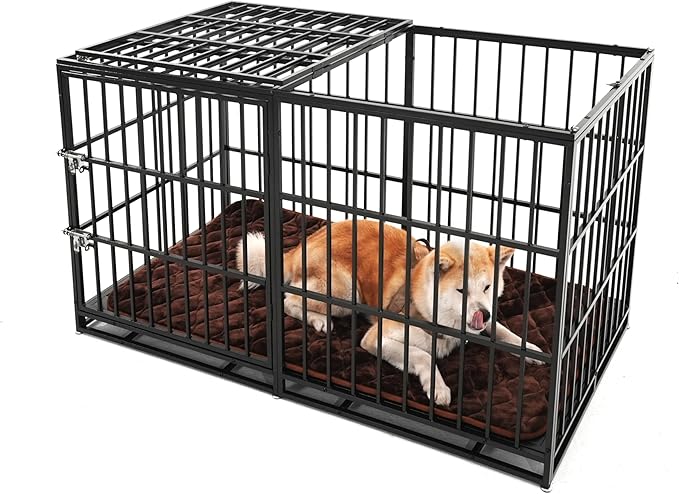 61 Inch Heavy Duty Dog Crate Indestructible and Escape-Proof Dog Crate Cage Kennel for Large/Medium Dogs Extra Large XL XXL with Mat Removable Tray Double Door