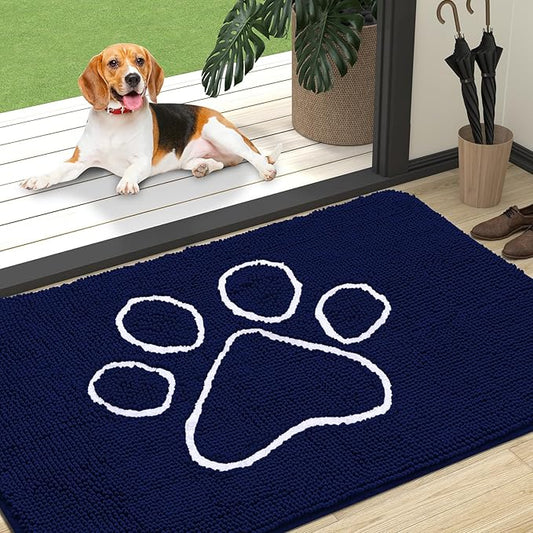 OLANLY Dog Door Mat for Muddy Paws 47x32, Paw Print Design, Absorbs Moisture and Dirt, Absorbent Non-Slip Washable Doormat, Quick Dry Chenille Mud Mat for Dogs, Entry Indoor Entryway Carpet, Navy Blue