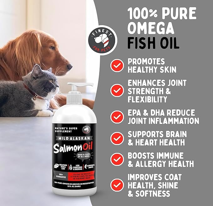 Wild Alaskan Salmon Oil for Dogs & Cats - Omega 3 Fish Oil with Pollock & Salmon for Sensitive Skin & Coat Health. EPA & DHA Ease Itching, Supports Joint, Immune & Heart Health (32oz)