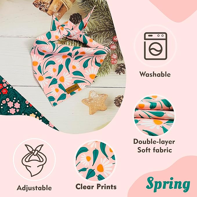 Spring Dog Bandanas - 2 Pack Floral Dog Scarf for Boy & Girl, Premium Durable Fabric, Adjustable Fit, Gift for Dogs, Daisy Bandana for Small Dogs (Small)