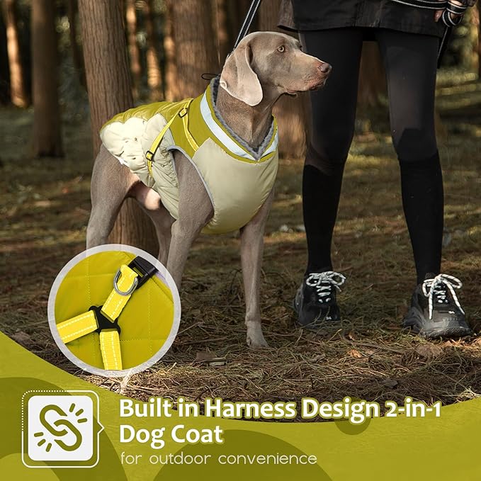 Dog Winter Coat with Harness, Dog Jacket, Pet Clothes with Zipper on Back, Waterproof Windproof Warm Vest, Reflective Cold Weather Coats, for Small Medium Large Dogs, Thick, Green, 2XL