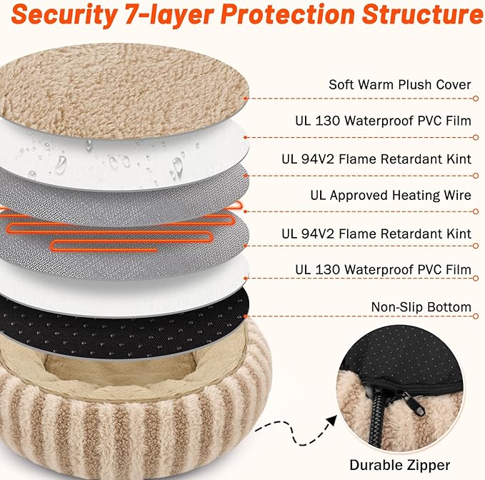 Toove Heated Cat Bed Indoor - 20" Heating Donut Pet Bed for Cats and Small Dogs, Ultra Soft & Cozy Sleeping Cat Beds, Machine Washable, Waterproof & Safe Warming with Timer and Temperature Control