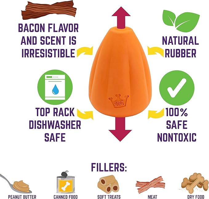Chew King Premium Treat Dog Toy, Extremely Durable Natural Rubber Toy, Bacon Flavored Dog Toy Orange Medium