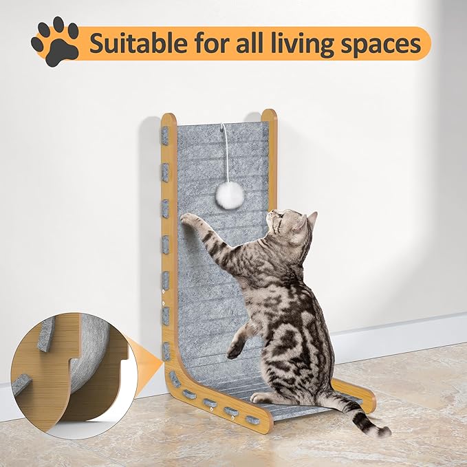 Felt Cat Scratcher for Indoor Cats, 26.8 Inches L Shape Scratching Board Vertical Cat Scratch Post with Fluffy Ball Hanging, Scratch Resistant Felt Cat Scratching Pad, Grey