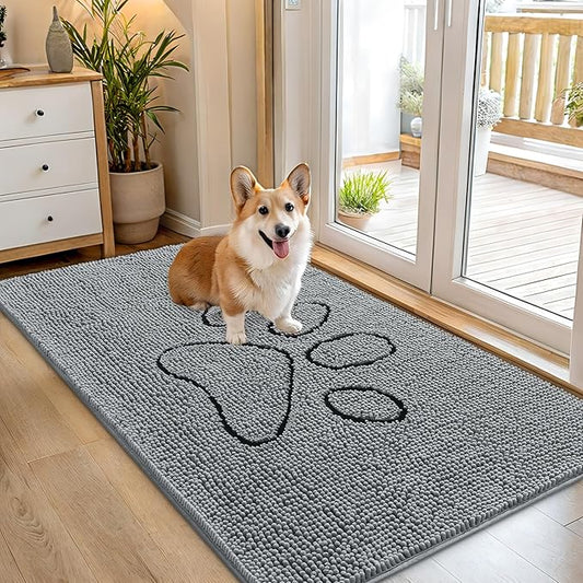 OLANLY Dog Door Mat for Muddy Paws 54x32, Paw Print Design, Absorbs Moisture and Dirt, Absorbent Non-Slip Washable Doormat, Quick Dry Chenille Mud Mat for Dogs, Entry Indoor Entryway Carpet, Grey
