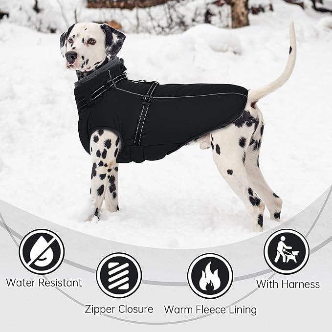 PUMYPOREITY Snow Jacket for Large Dogs Waterproof, Warm Dog Winter Coat with Harness Built in, Fleece Jacket with Back Zipper, Cold Weather Coats for Outdoor, Windproof Pet Snowsuit, Black, 2XL