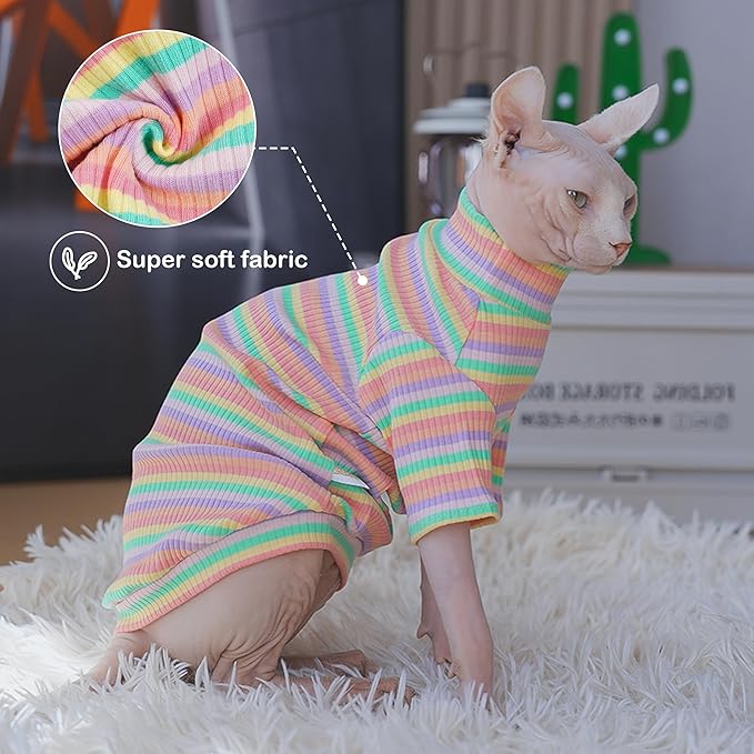 PUMYPOREITY Sphynx Cat Clothes - Soft Hairless Shirt With Sleeves, Stretchy Sweater, Pullover Pajamas Jumpsuit, Turtleneck Outfit for Sphynx Cornish Rex, Devon Rex - Rainbow, M