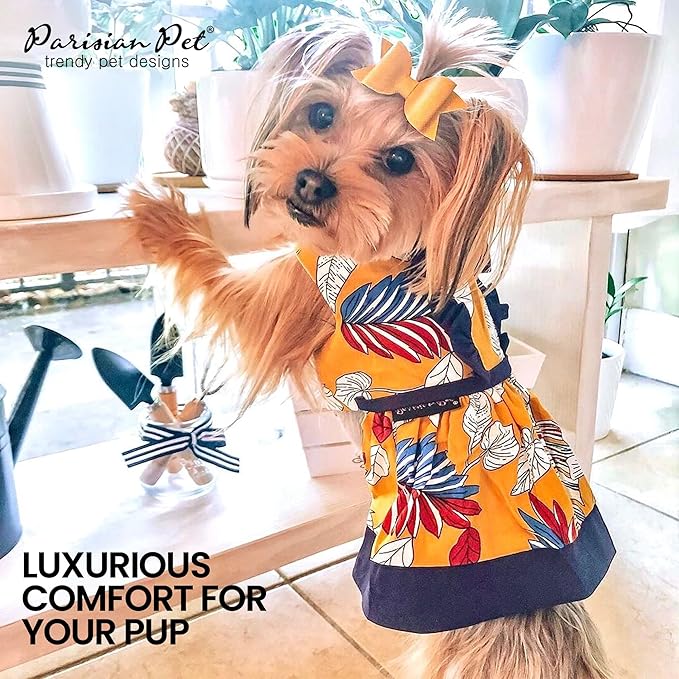 Parisian Pet Tribal Leaves Summer Dress - Magic Strap Closure Dog Beach Outfit - Lightweight and Breathable Dress for Medium Dogs Girl