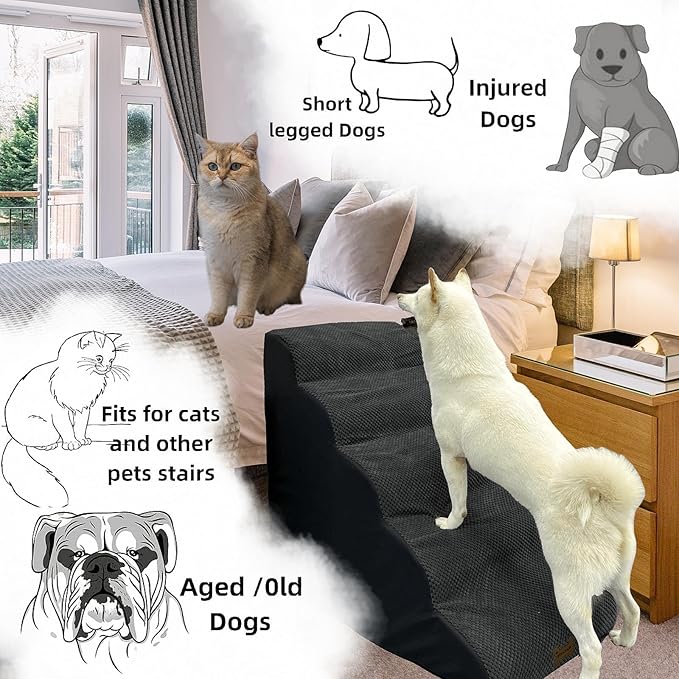 Dog Stairs & Pet Ramp for Small/Large Dogs to High Beds/Couches - 5 Steps 24-inch Height for 18-30 inch Furniture, 2 Washable Covers (Black, Grey), Non-Slip Balanced 33D Design for Old Dogs & Cats