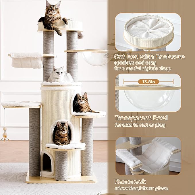 63'' Tall Castle Cat Tree House for Maine Coon,Solid Wood Modern Cat Tower for Indoor Large Cats,Multi-Level Heavy Duty Luxury Cat Condo with Sisal Scratching Post,Perch,Cushion,Hammock for Mult-Cats