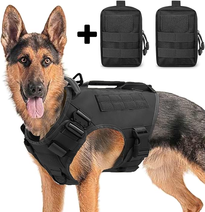 Tactical Dog Backpack Harness for Large Breed Original Design Metal Buckle Vest with Side Bags Pouches for Service Working Training (Black (with 2 Pouches), M)