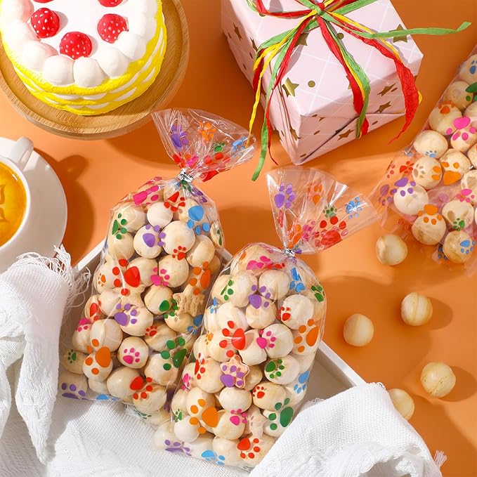 Blulu 100 Pieces Dog Treat Bags Puppy Party Favor Pet Paw Cone Cellophane Bags Candy Heat SealableDog Paw Gift with 100 Pieces Silver Twist Ties for Pet Cat Treat Party Favor(Colorful)