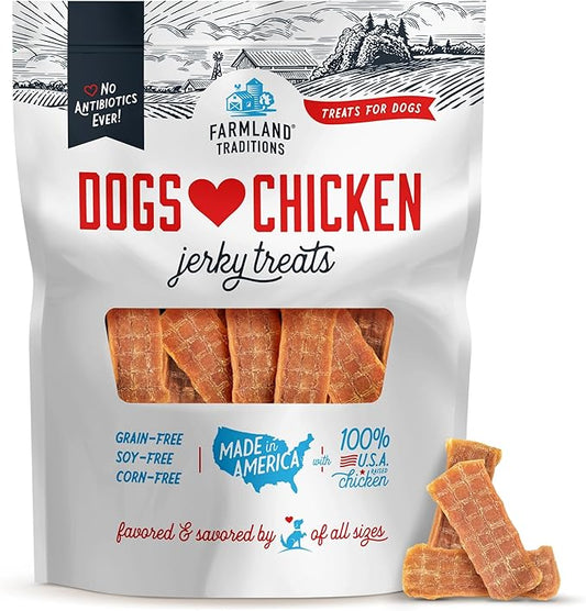 Farmland Traditions Dogs Love Chicken Jerky Dog Treats, Premium Two-Ingredient Dog Jerky with USA-Raised, Human-Grade Chicken & No Antibiotics Ever, 1-Pound Bag